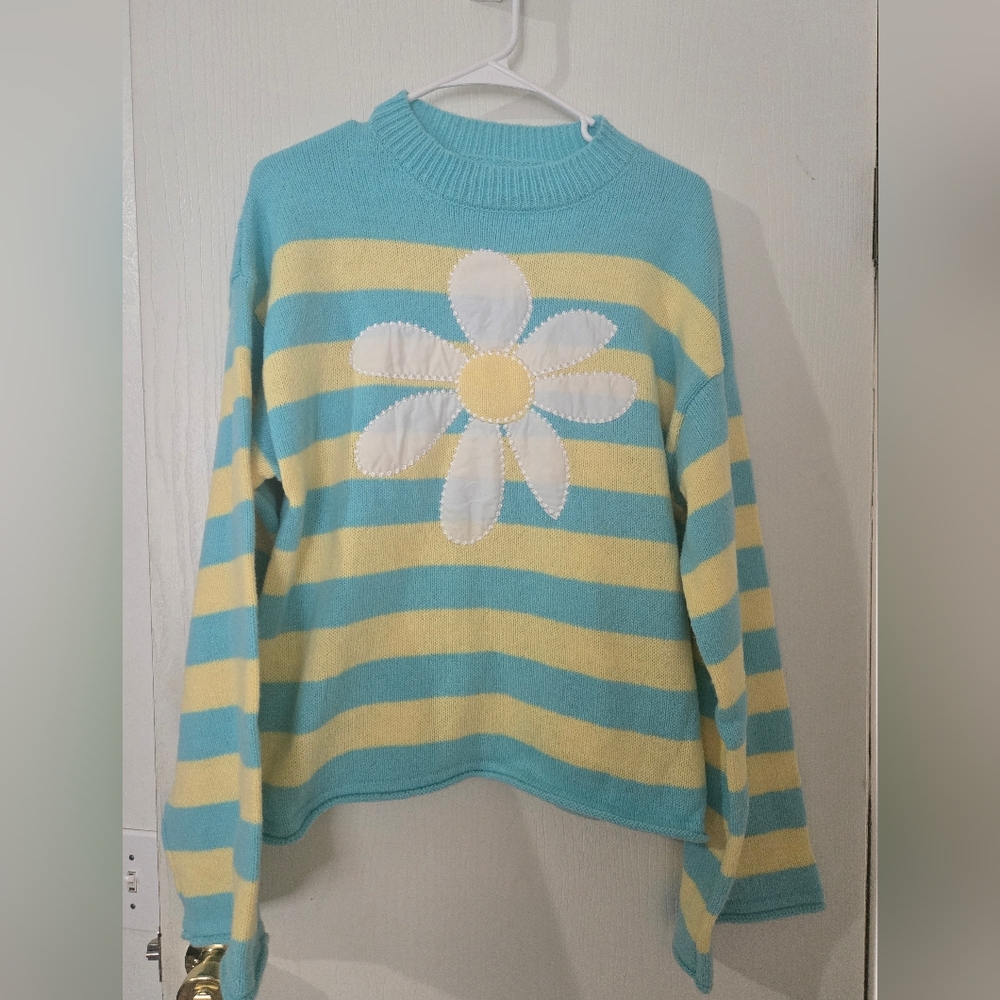Striped Mint Greenish and Yellow Sweater with Daisy Design